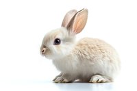Adorable white baby bunny rabbit with pink ears sitting on white background, isolated studio shot for design, advertising and greeting cards.
