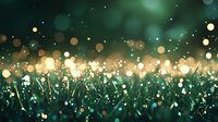 Magical emerald grass blades with golden bokeh lights and morning dew drops creating dreamy nature background. Suitable for fantasy or fairy tale designs.