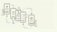 Mobile app development process with smartphones and developers working on user interface design and coding workflow on beige background.