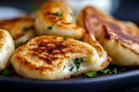 Homemade potato dumplings filled with herbs and cheese, pan-fried until golden brown and crispy, served on dark plate with fresh chopped parsley garnish.