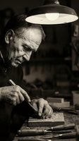 Elderly Caucasian craftsman working with precision tools under lamp light in traditional workshop setting for artisan and skilled labor concepts.