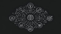 Business strategy network with brain, analytics charts, shopping cart and search icons connected by geometric lines on dark background for presentations.