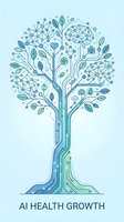 Digital tree with medical icons and neural networks representing AI healthcare technology growth and innovation in modern medicine.