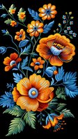 Vibrant orange and blue folk art floral composition on black background, featuring stylized blooms and decorative leaves for textile design or digital art projects.