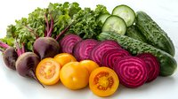 Fresh organic vegetables arranged in row including beets, yellow tomatoes, sliced beetroot and cucumbers on white background, healthy eating concept.