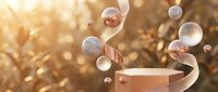 Abstract geometric composition with floating spheres and curved ribbon elements in warm golden sunlight creating dreamy atmospheric background for modern design.