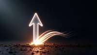 Glowing arrow emerges from soil with light trails against dark background symbolizing growth, progress and breakthrough in business development.