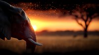 African elephant silhouette against dramatic orange sunset sky with acacia tree in savanna landscape, creating atmospheric wildlife scene at dusk in natural habitat.