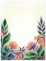 Watercolor floral border frame with pink roses, green leaves, and purple swirls on cream background, perfect for invitations and cards.