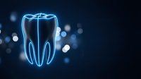 Glowing blue neon tooth outline on dark background with bokeh lights. Digital dental care concept for medical presentations and healthcare marketing materials.