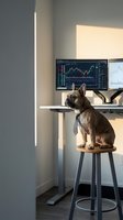 French bulldog wearing business tie sitting on office chair at trading desk with financial charts and monitors in modern workspace for corporate humor concepts.