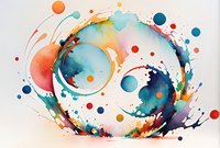 Abstract watercolor spiral composition with vibrant orange and blue paint splashes, perfect for modern wall art, greeting cards, and creative design projects.