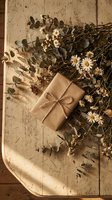 Rustic gift box wrapped in brown paper with twine bow surrounded by dried eucalyptus branches and white daisies on weathered wooden surface for natural packaging.