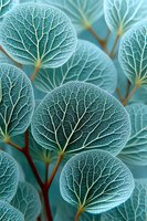 Macro view of round teal leaves with intricate white vein patterns on thin stems, creating a delicate natural texture for botanical designs.
