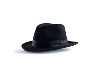 Classic black fedora hat with grosgrain ribbon band on white background, isolated menswear accessory for fashion and design projects.