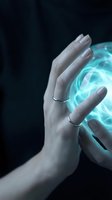Hand holding glowing turquoise energy sphere against dark background, wearing silver rings. Concept for magic, power, technology, and supernatural abilities in design projects.