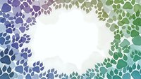 Colorful watercolor paw prints frame border in purple blue and green tones with white center space for text or design elements.