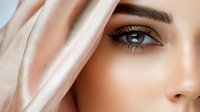 Close-up portrait of young woman with natural makeup touching face with hand. Fresh clean skin, long eyelashes and groomed eyebrows for skincare and beauty.