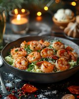 Grilled shrimp on creamy risotto garnished with fresh herbs and parmesan in rustic bowl, romantic dinner setting with glowing candles and festive mood.