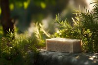 Handmade natural soap bar on stone surrounded by fresh rosemary herbs in sunlit garden setting, ideal for organic skincare product marketing.