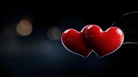 Two glossy red hearts floating against dark background with soft bokeh lights, romantic symbol of love and affection suitable for Valentine's Day designs and greeting cards.