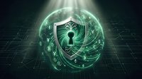 Digital cybersecurity shield with keyhole symbol and binary code on futuristic grid background for data protection and network security concepts.