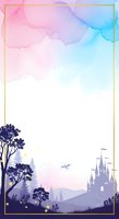 Watercolor fairy tale landscape with castle silhouette, trees and golden frame for invitation cards, wedding stationery and fantasy designs.