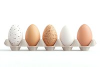 Fresh farm eggs in different natural colors and patterns arranged in cardboard holder on white background, showing variety in chicken egg shells.