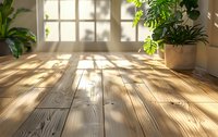 Sunlight casting geometric shadows through window on wooden floor boards with green houseplants in ceramic pots, creating cozy morning atmosphere.