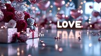 Romantic composition with glowing love text, gift boxes, red and pink roses against blurred bokeh background, creating dreamy Valentine's day atmosphere.