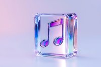 Transparent glass cube with musical note symbol in neon blue and pink colors on gradient background, modern minimal design for music and entertainment concepts.