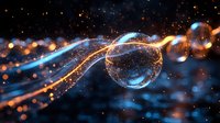Glowing sphere with luminous energy streams and particles floating in dark space, surrounded by magical light trails and sparkles in blue and orange colors.