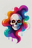 Artistic skull with glowing eyes surrounded by vibrant rainbow smoke effect and paint drips on light background, stylized gothic design for creative projects.