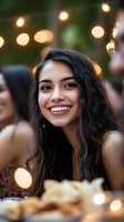 Young Hispanic woman with long dark wavy hair smiling genuinely at outdoor evening gathering with warm string lights creating magical bokeh effect in background.