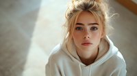 Young blonde woman in white hoodie with natural makeup looking directly at camera in soft indoor lighting for lifestyle and fashion content.