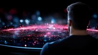 Man observing glowing red and blue digital wave visualization, futuristic technology concept with dark background and bokeh light effects for tech presentations.