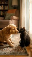 Golden retriever and black cat meeting indoors, sitting face-to-face on patterned rug near window with cozy living room background. Pet friendship and companionship concept.