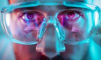 Close up view of protective eyewear with neon blue lighting effect showing intense eyes behind safety glasses against dark background, dramatic scientific atmosphere.