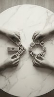 Hands arranging wooden blocks with justice scales symbols on marble surface representing legal concepts, law firm branding, and judicial system elements.