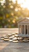 Miniature bank building with golden coins on wooden surface with warm bokeh background for financial services and investment concepts.