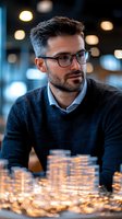 Caucasian businessman with glasses and beard looking thoughtful at glowing city model display, wearing navy sweater. Modern office environment with bokeh lights.