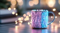 Glowing metallic mug with neon pink and blue geometric pattern against blurred bokeh lights background creates magical holiday atmosphere.