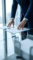 Professional businessman in navy suit analyzing documents on glass table in modern office with city skyline view for corporate presentations.
