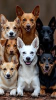 Group of adorable mixed breed dogs and puppies sitting together outdoors, featuring various coat colors and sizes for pet adoption campaigns.