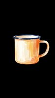 Vintage enamel camping mug with orange glass body and navy rim, isolated on transparent background. Ready for t-shirt designs, clipart, stickers, and print-on-demand products.
