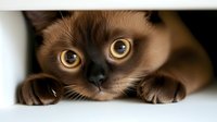 Curious Siamese cat with bright amber eyes peering through gap, close-up portrait showing expressive face and paws against light background.