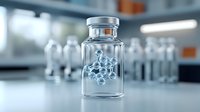 Medical glass vial with glowing blue molecular structure inside, multiple vials in background, pharmaceutical research concept on light laboratory surface.