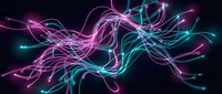 Abstract neon light trails in purple and cyan creating dynamic flowing energy waves on dark background for modern digital design projects.