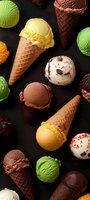 Assorted ice cream scoops in waffle cones and cups featuring vanilla, chocolate, strawberry and pistachio flavors arranged on dark background for food photography and dessert marketing.