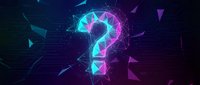 Glowing neon question mark with geometric fragments and network connections on dark digital background for technology and innovation concepts.